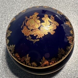 Limoges Castle Trinket Box, Cobalt Blue With Gold Trim 2" X 1" France 60's-80's